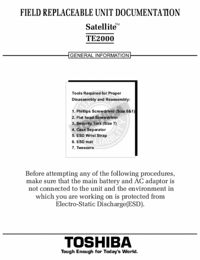 Toshiba Satellite TE2000 Field Replaceable Unit Documentation, General Information - (5.072Kb) Part 1/3 - pag. 11